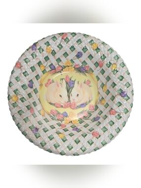 Vintage Plastic Easter Bowl Bunnies Spring Flowers White Lattice Server Bowl